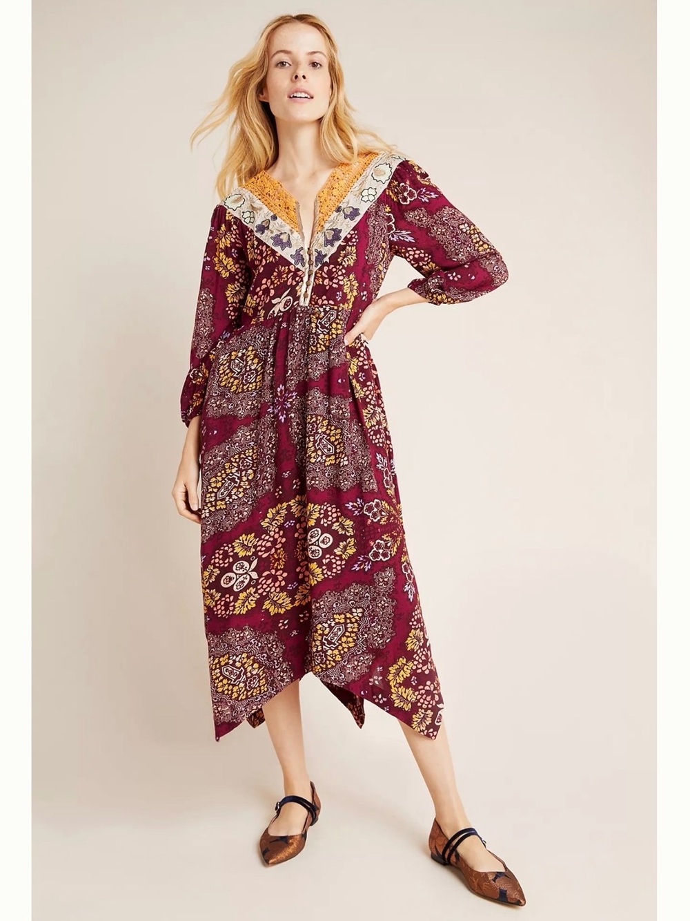 MAEVE by Anthropologie Burgundy and Mustard Asymmetrical Midi Dress